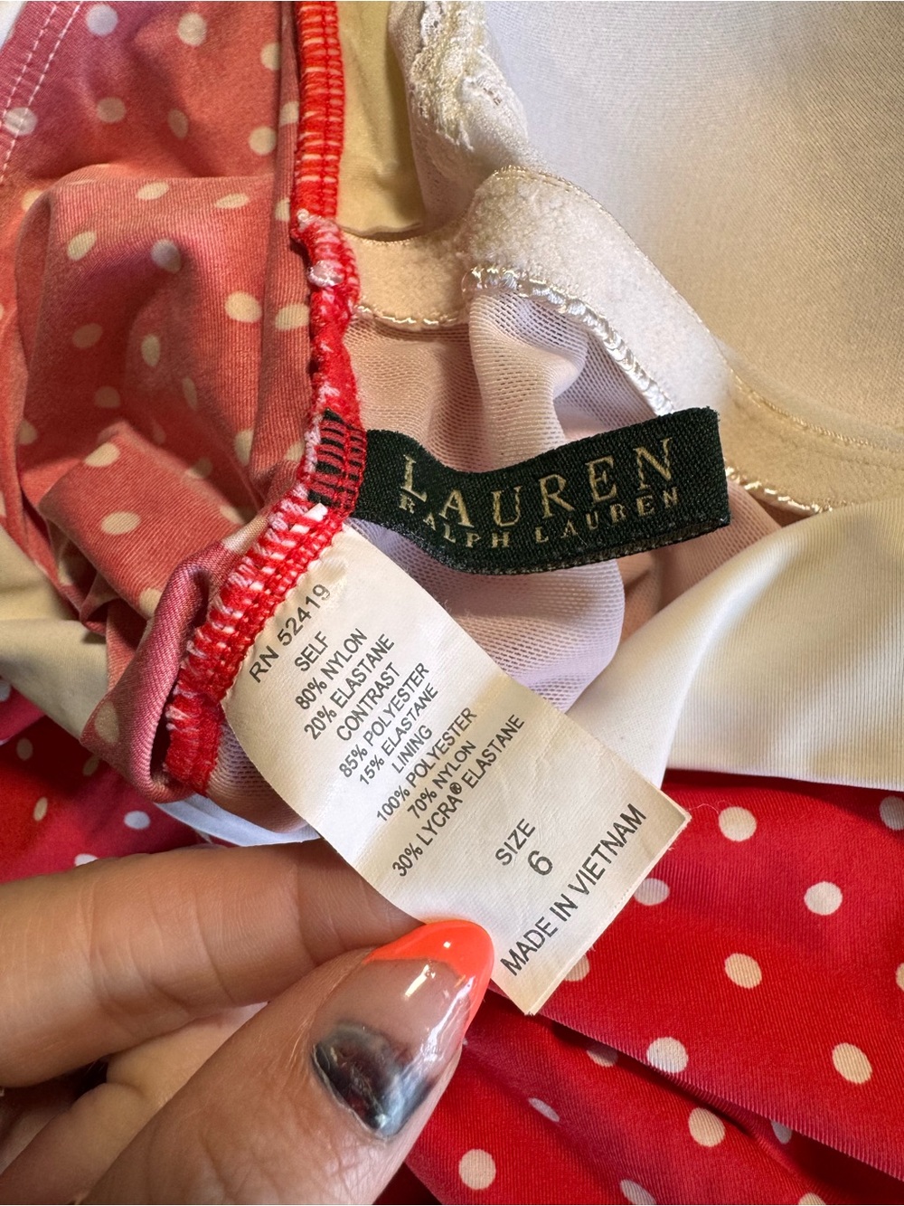 Vintage Ralph Lauren One Piece Polka Dot Swimsuit Mini Skirt 6 Red White - Picture 8 of 11